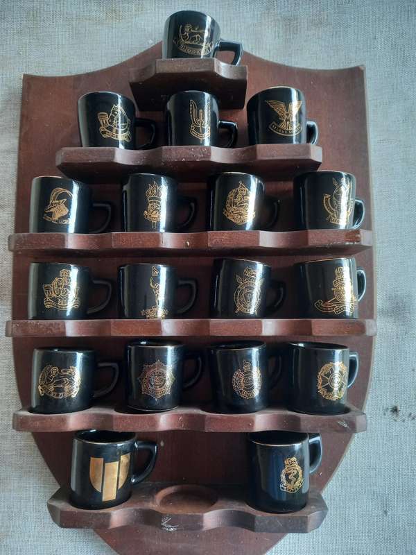 Rhodesian military Unit collection - wood shield with 19x unit "miniature mugs ?"