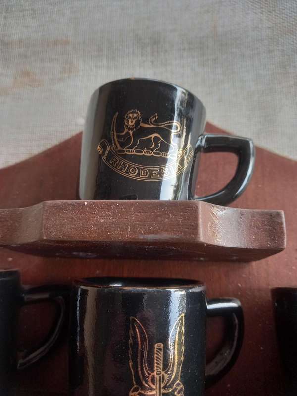 Rhodesian military Unit collection - wood shield with 19x unit "miniature mugs ?"