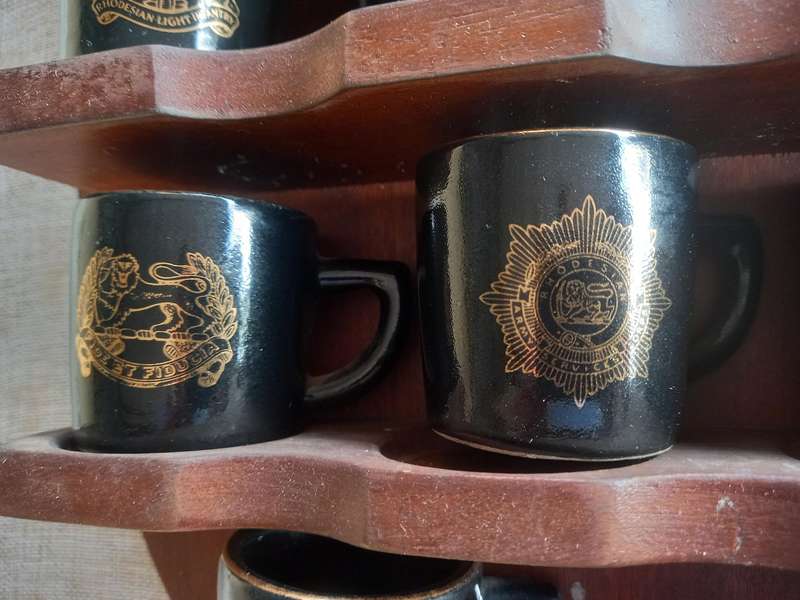 Rhodesian military Unit collection - wood shield with 19x unit "miniature mugs ?"