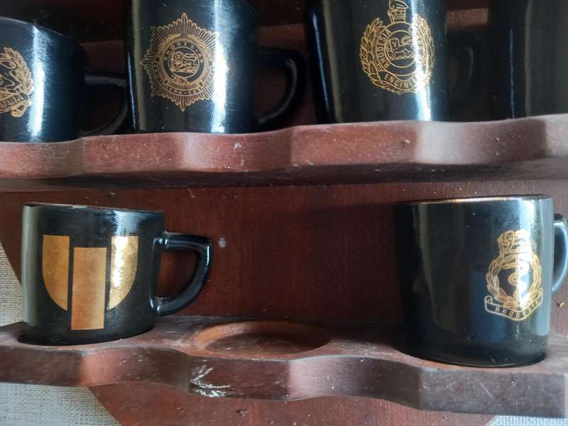 Rhodesian military Unit collection - wood shield with 19x unit "miniature mugs ?"