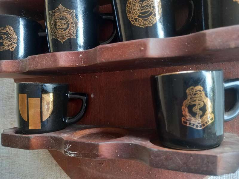 Rhodesian military Unit collection - wood shield with 19x unit "miniature mugs ?"