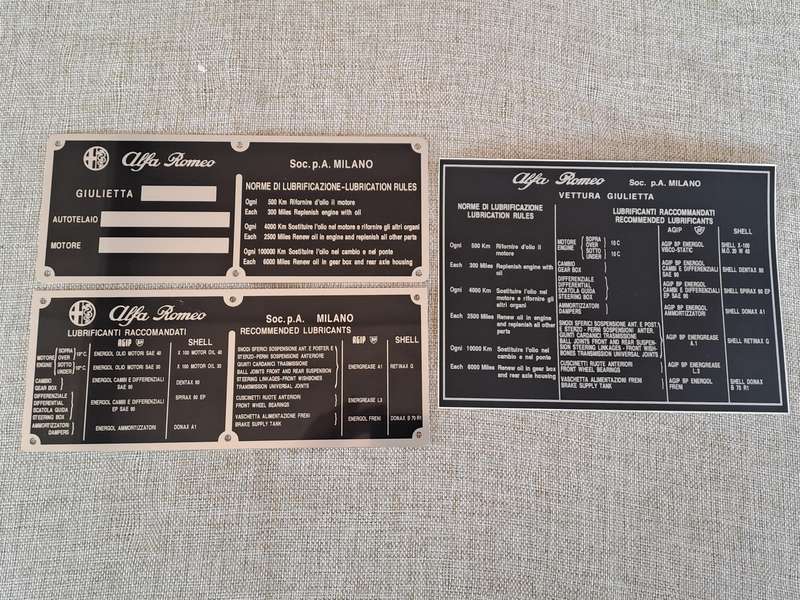 Alfa Romeo Giulietta ID plates and Lubrication Rules Vinyl Sticker