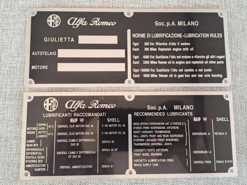 Alfa Romeo Giulietta ID plates and Lubrication Rules Vinyl Sticker