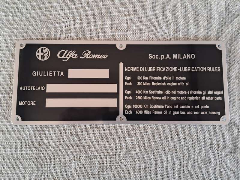 Alfa Romeo Giulietta ID plates and Lubrication Rules Vinyl Sticker