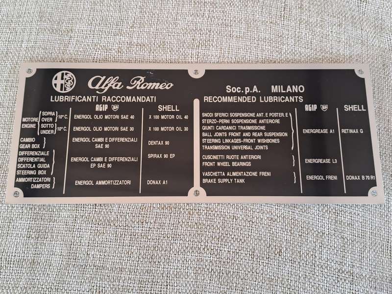 Alfa Romeo Giulietta ID plates and Lubrication Rules Vinyl Sticker
