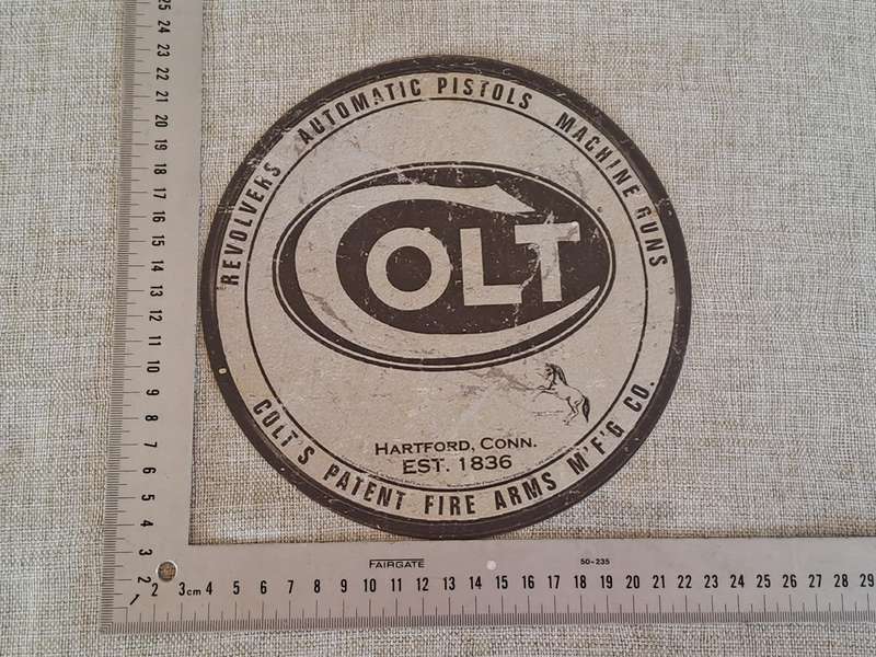 Colt Revolvers, Automatic Pistols, Machine Guns - Circular Advertising Tin Plate Sign