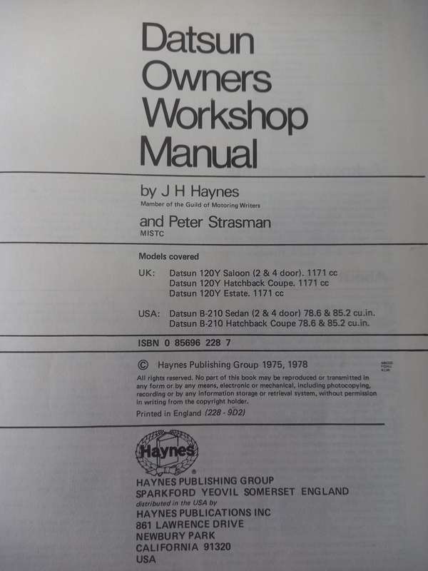 Datsun 120Y - Haynes - Owners Workshop Manual - 1973 to 1978