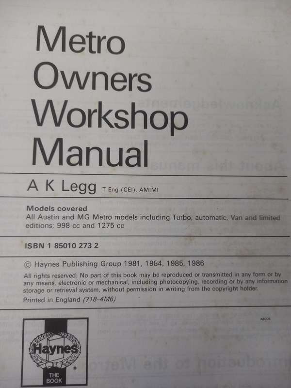 Austin Metro MG and Vanden Plas - Haynes - Owners Workshop Manual