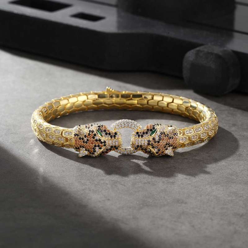 Original OttaSilver Panther Head Design Silver Bracelet with Gold Plated CZ Diamonds. Unisex