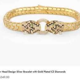 Original OttaSilver Panther Head Design Silver Bracelet with Gold Plated CZ Diamonds. Unisex
