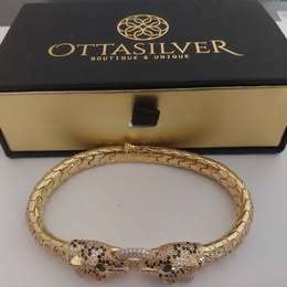 Original OttaSilver Panther Head Design Silver Bracelet with Gold Plated CZ Diamonds. Unisex