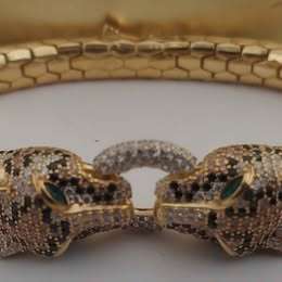 Original OttaSilver Panther Head Design Silver Bracelet with Gold Plated CZ Diamonds. Unisex