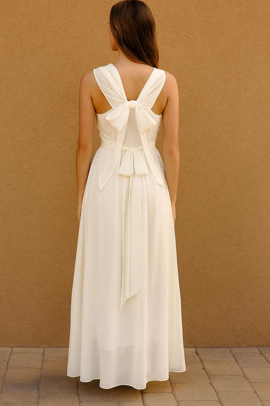 Flowy White Dress with Chiffon Texture  Bow-Back Design Size S