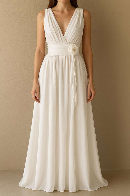 Flowy White Dress with Chiffon Texture  Bow-Back Design Size S