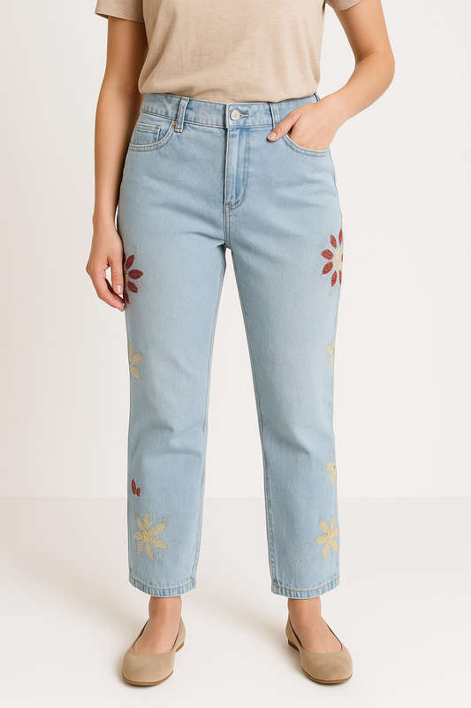 Non-Stretch Denim Jeans with Beautiful Embroidery  Petite Fit
