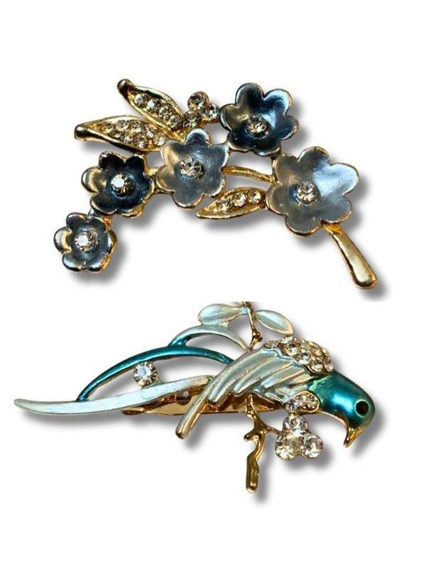 Vintage-Inspired Floral & Bird Brooch Set  Elegant Enamel and Crystal Pins