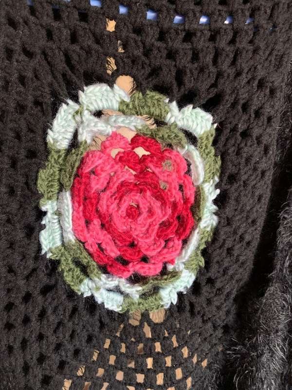 Unique Shaggy Black Shawl Vest with Front Hook & Floral Crochet Detail