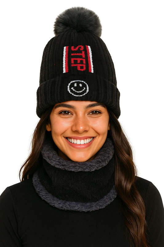Unisex Winter Beanie Hat & Neck Warmer Set Soft Stylish & Warm - Colour Black