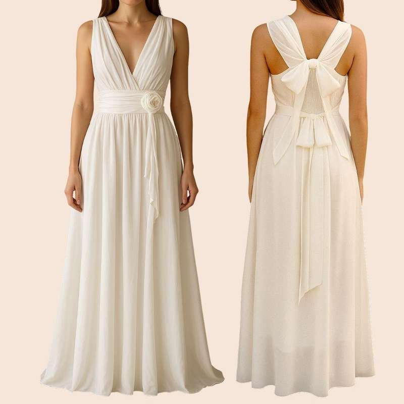 Flowy White Dress with Chiffon Texture  Bow-Back Design Size S
