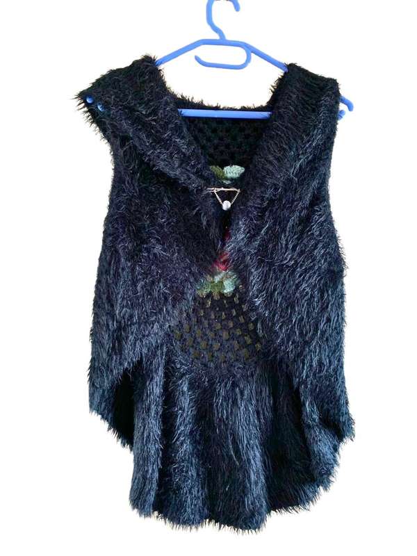 Unique Shaggy Black Shawl Vest with Front Hook & Floral Crochet Detail