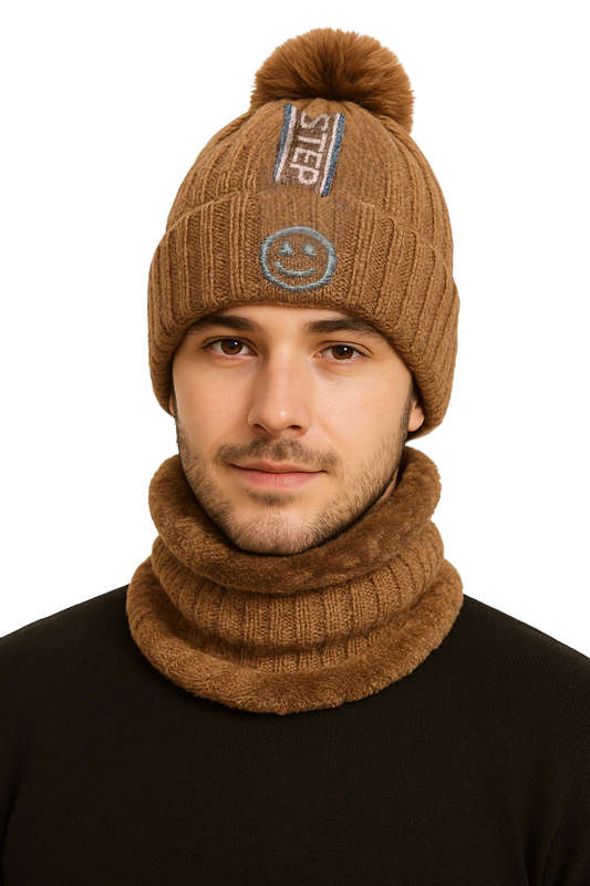 Unisex Winter Beanie Hat & Neck Warmer Set Soft Stylish & Warm - Colour Light Brown