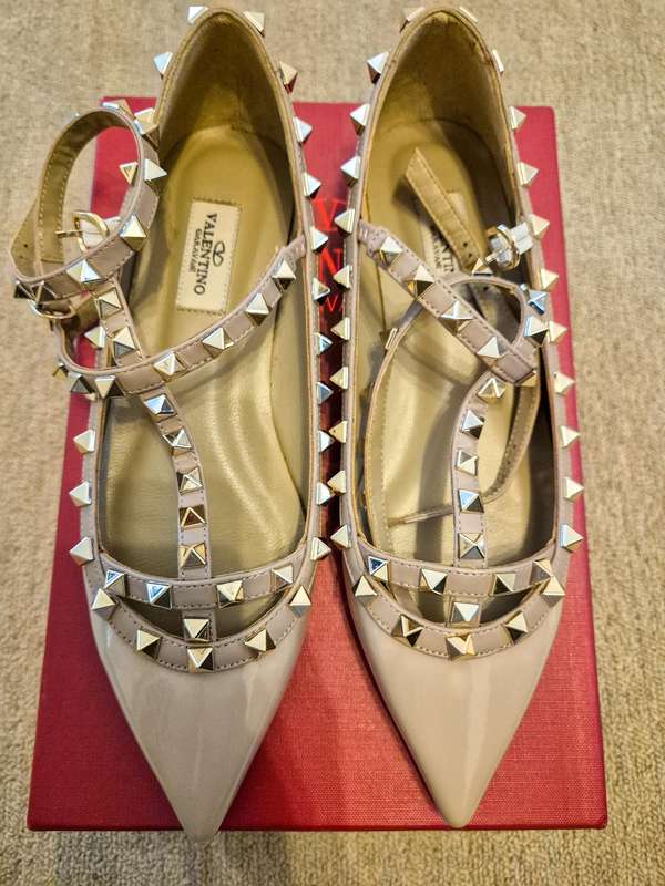 Valentino Blush Pink Patent Leather Rock-stud Ankle Strap Flats