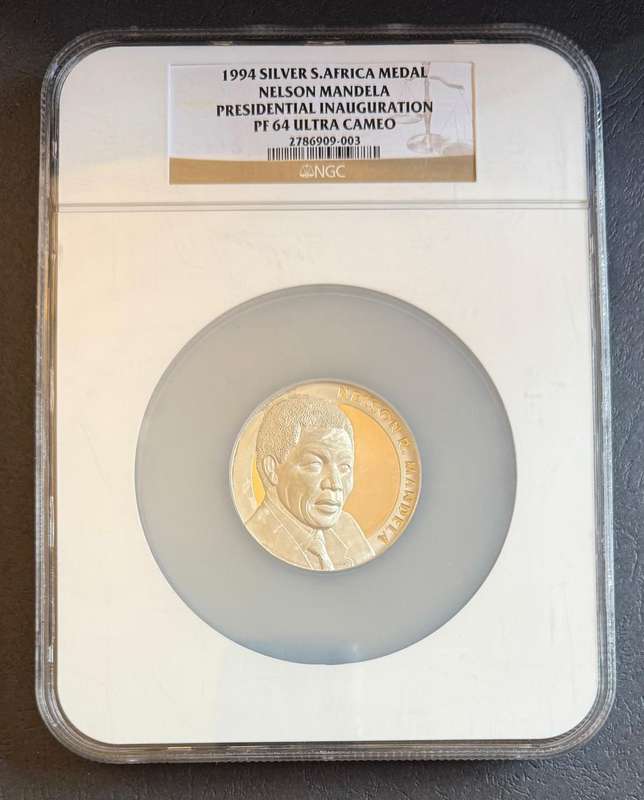 LATE ENTRY !!! Massive slabbed 5 OUNCE SILVER Proof Mandela Inauguartion Medallion