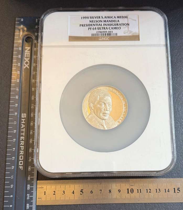 LATE ENTRY !!! Massive slabbed 5 OUNCE SILVER Proof Mandela Inauguartion Medallion