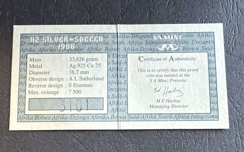S ILVER 1 OUNCE - 1996 Silver Proof R2 Bafana Bafana Cup - Mintage 2690 - includes COA