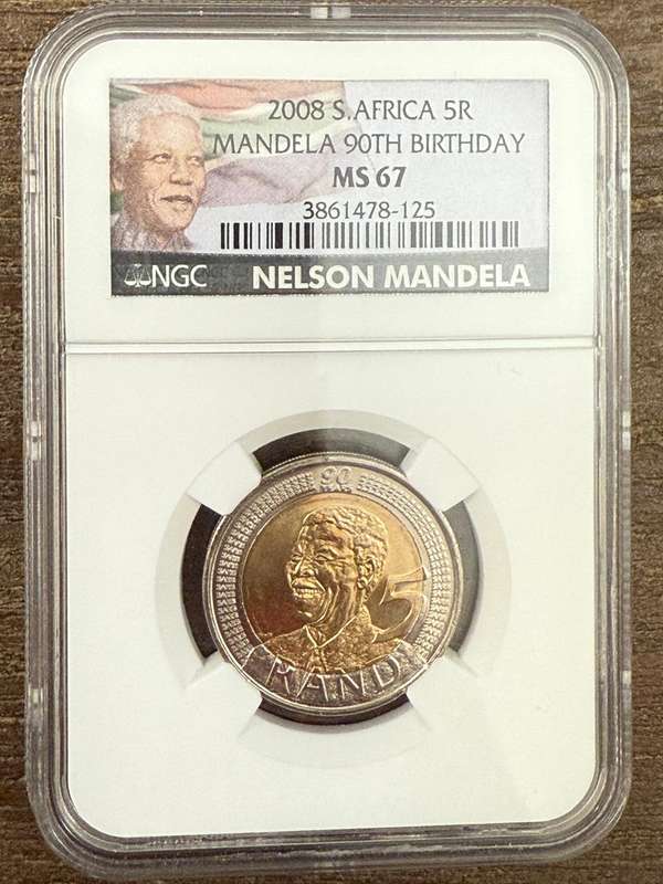 Mandela 90th Birthday R5 - NGC Colour label *** MS67 - High grade