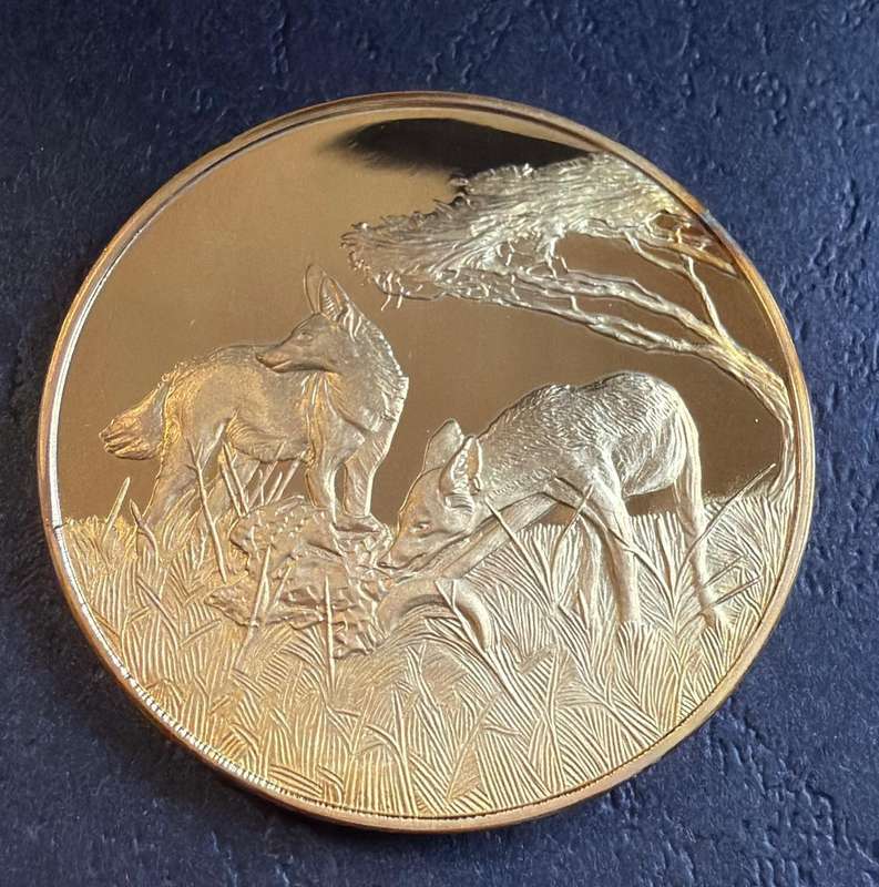 Gold Plated 1 OUNCE Silver Medallion 37 grams - JACKAL - SA Wildlife Society 50th Anniversary