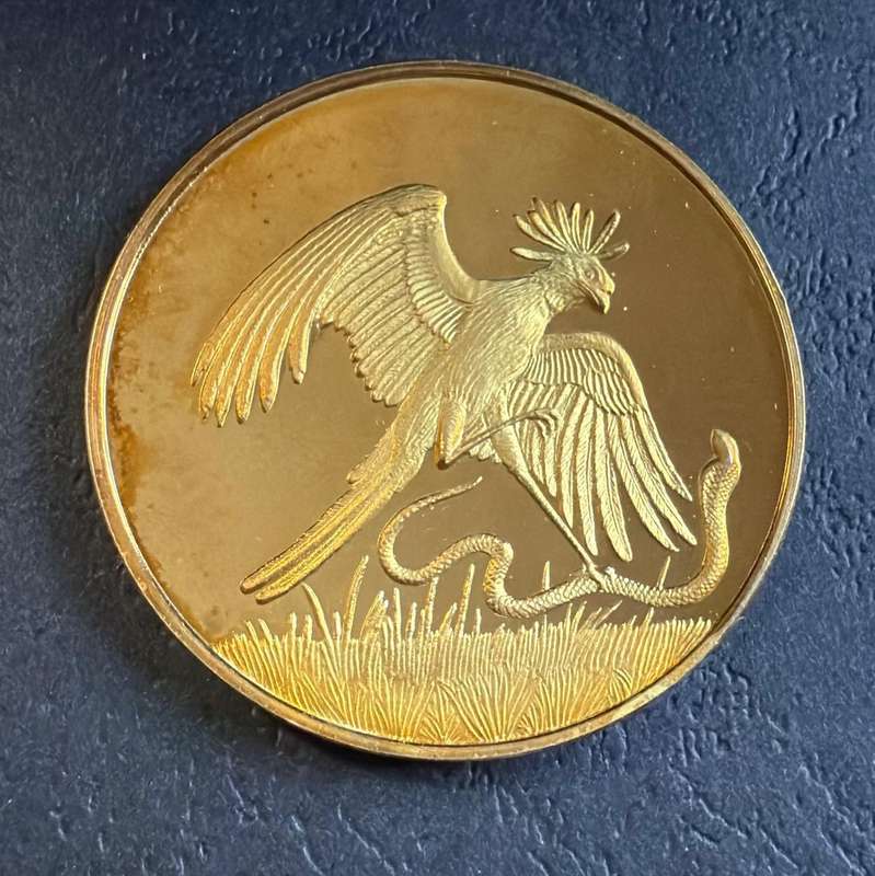 Gold Plated 1 OUNCE Silver Medallion 37 grams - SECRETARY BIRD -SA Wildlife Society 50th Anniversary