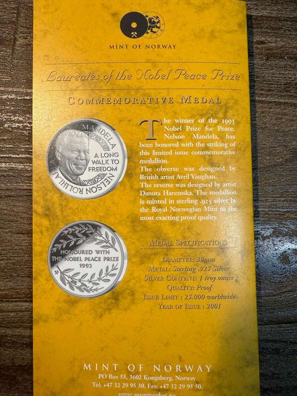 2001 Mandela Commemorative Medal - Nobel Peace Prize Laureate *** Silver 0.925 - 1 troy ounce