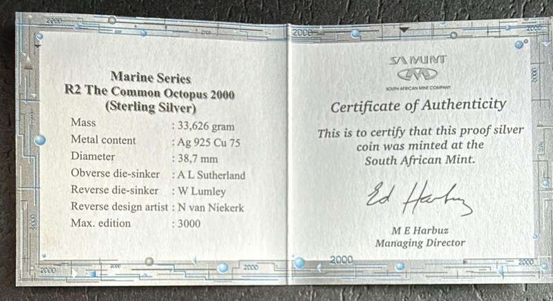 SILVER 1 OUNCE - Silver Proof R2 - The Common Octopus - Mintage 3344 - includes COA