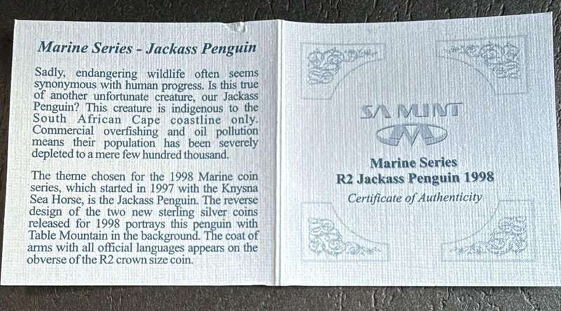 SILVER 1 OUNCE - Silver Proof R2 - Jackass Penguin - Mintage 2053 - includes COA