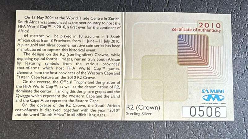 SILVER 1 OUNCE - 2010 Silver Proof R2 FIFA World Cup South Africa - includes COA