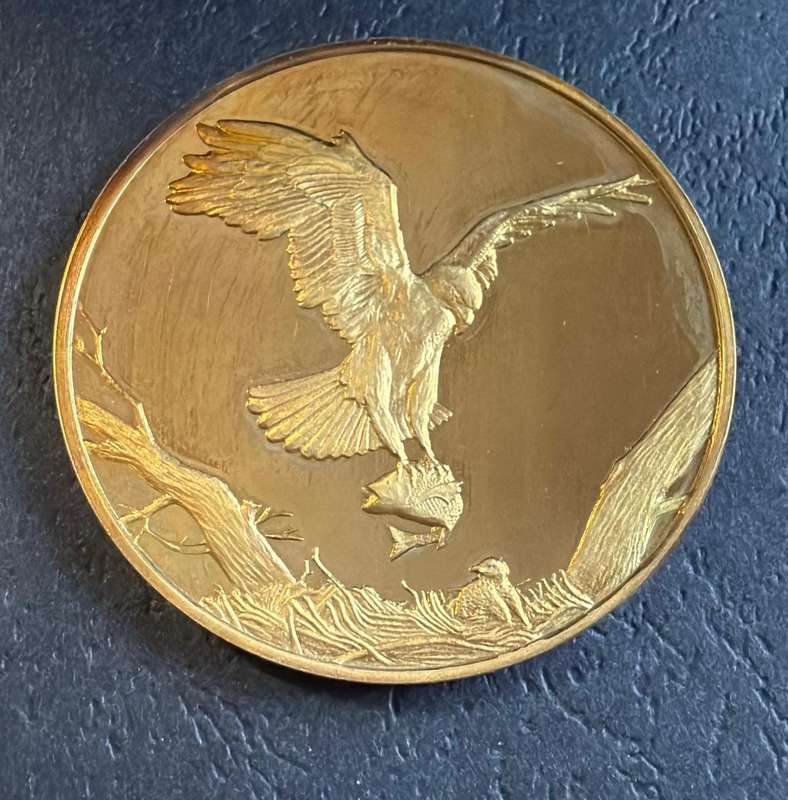 Gold Plated 1 OUNCE Silver Medallion 37 grams - FISH EAGLE - SA Wildlife Society 50th Anniversary