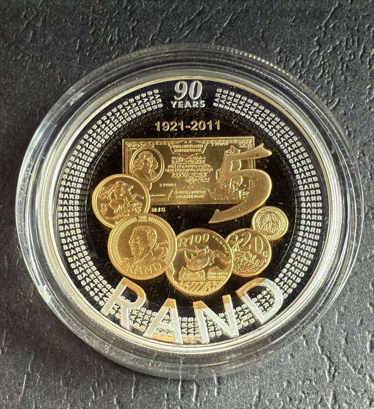 BI-COLOUR R5 Proof Crown - 2011 - SARB 90th Anniversary - in original SAM box and COA