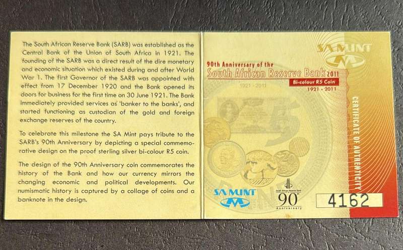 BI-COLOUR R5 Proof Crown - 2011 - SARB 90th Anniversary - in original SAM box and COA - STILL SEALED