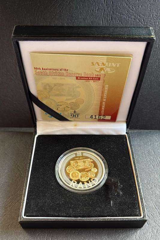 BI-COLOUR R5 Proof Crown - 2011 - SARB 90th Anniversary - in original SAM box and COA