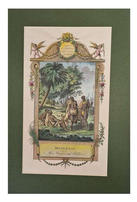 Antique hand tinted print from 1790, entitled Hottentot men, women and children.