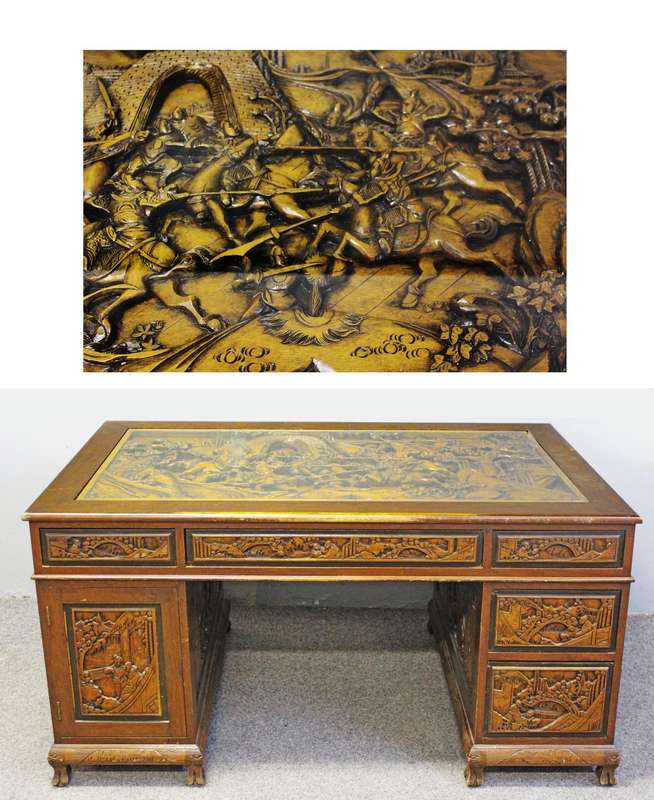 Carved Chinese wooden desk, from the 1920s/1930s. "Chinese export ware", With Guan Gong scene on top