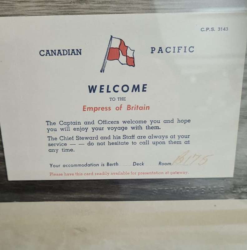 RMS Empress of Britain photograph, in official frame with boarding pass, WW2 sunken ship