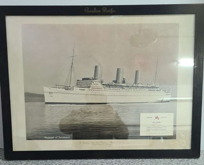 RMS Empress of Britain photograph, in official frame with boarding pass, WW2 sunken ship