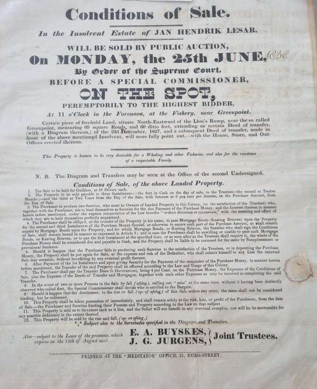 Auction poster/notice for sale of Upper Green Point land in 1838
