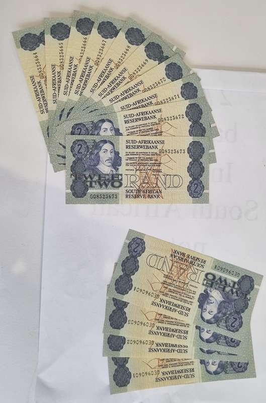 R2, Two-rand bank notes. Uncirculated mint condition. Gerhard de Kock, 14 banknotes