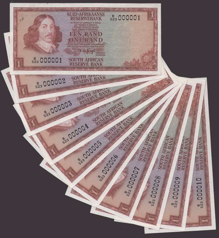 S. Africa (Reserve Bank): ND(1975) TW De Jongh R1 First 10 B523 Serial No's for Johan