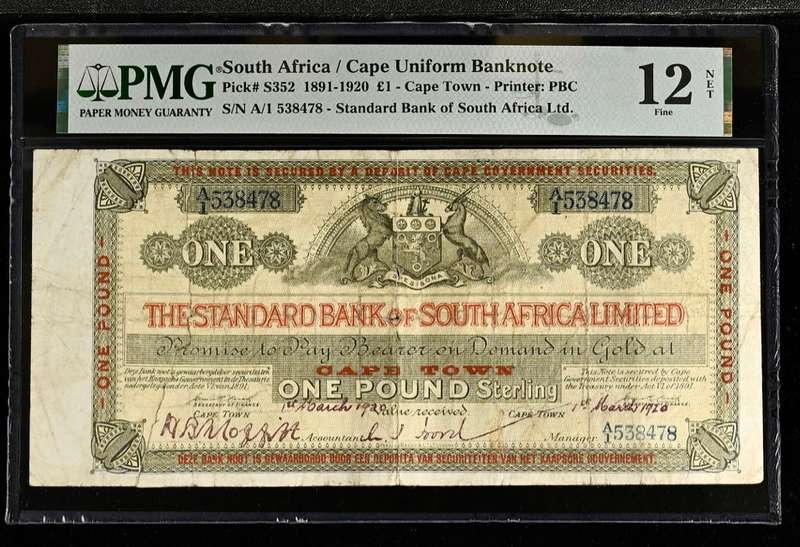 S. Africa (Pre-Reserve Bank): 1920 STD Bank of SA 1 Pound PMG Certified F12 Cape Uniform Issue