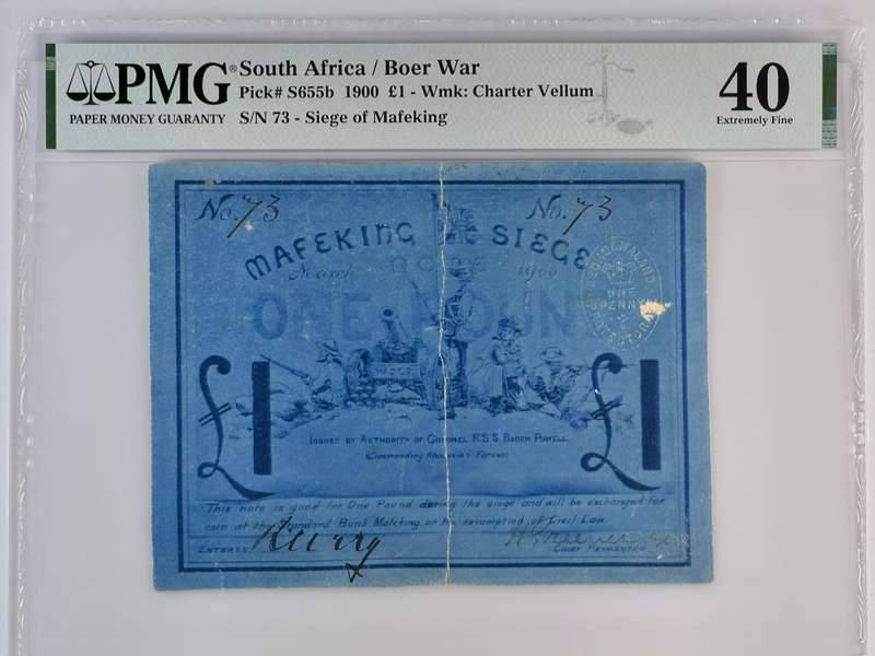S. Africa (Pre-Reserve Bank): 1900 Mafeking Siege Blue 1 Pound PMG Certified XF40 (Serial #73)
