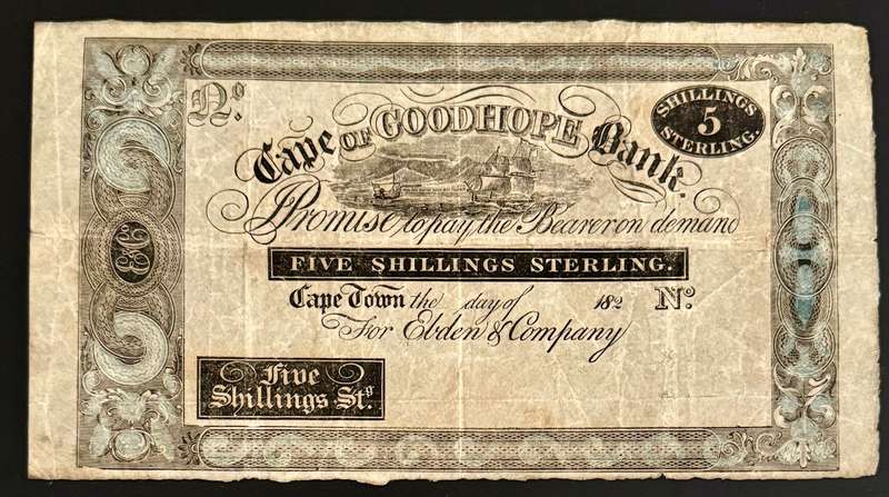 S. Africa (Pre-Reserve Bank): 1820's Cape of Good Hope Bank 5 Shillings Remainder Issue